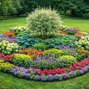 Colorful flowering border with layered perennials.