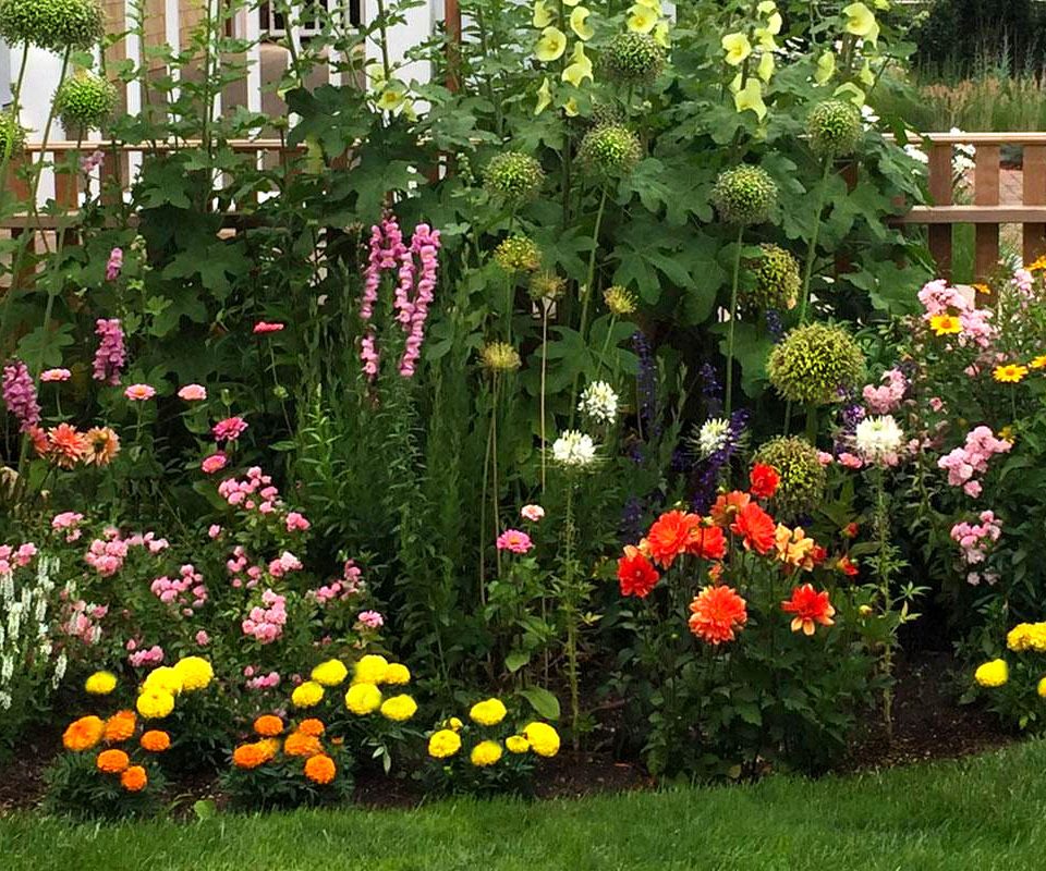 Colorful layered planting around a home.